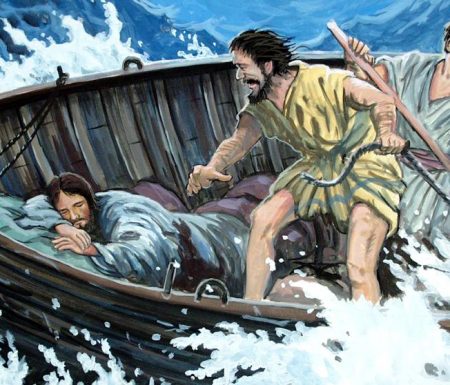 Jesus sleeping in a boat while there is a storm
