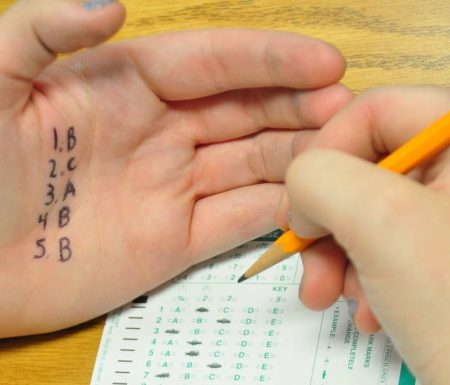 Answers to a test written on hand while taking a test